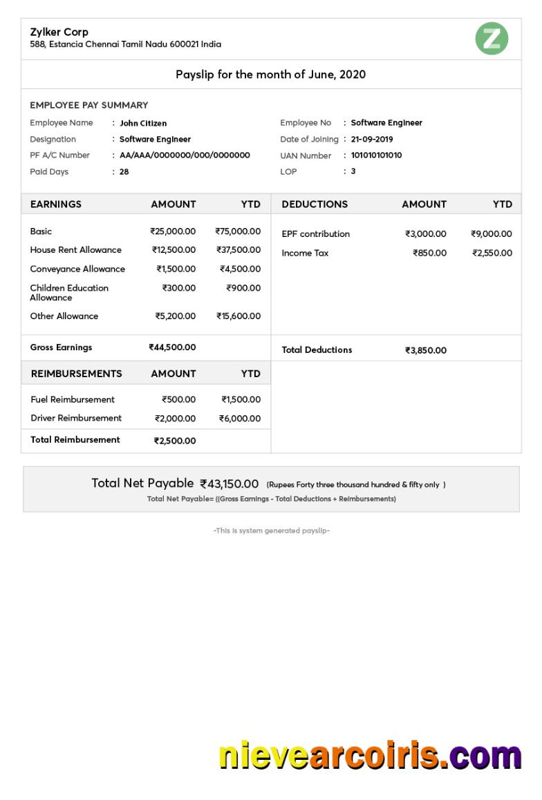 India ZYLKER corporation payslip
